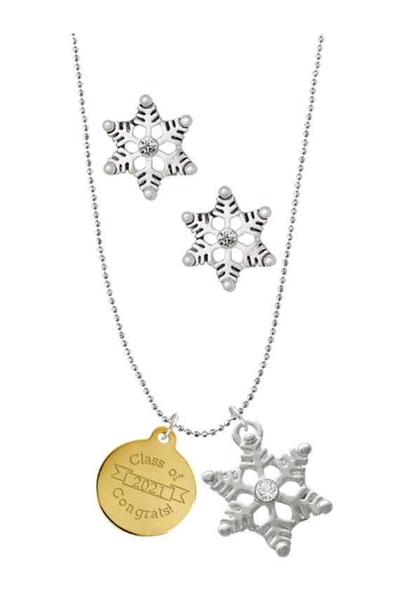 Goldtone Engraved Class of 2021 Silver tone Snowflake Charm Necklace and Stud Earrings