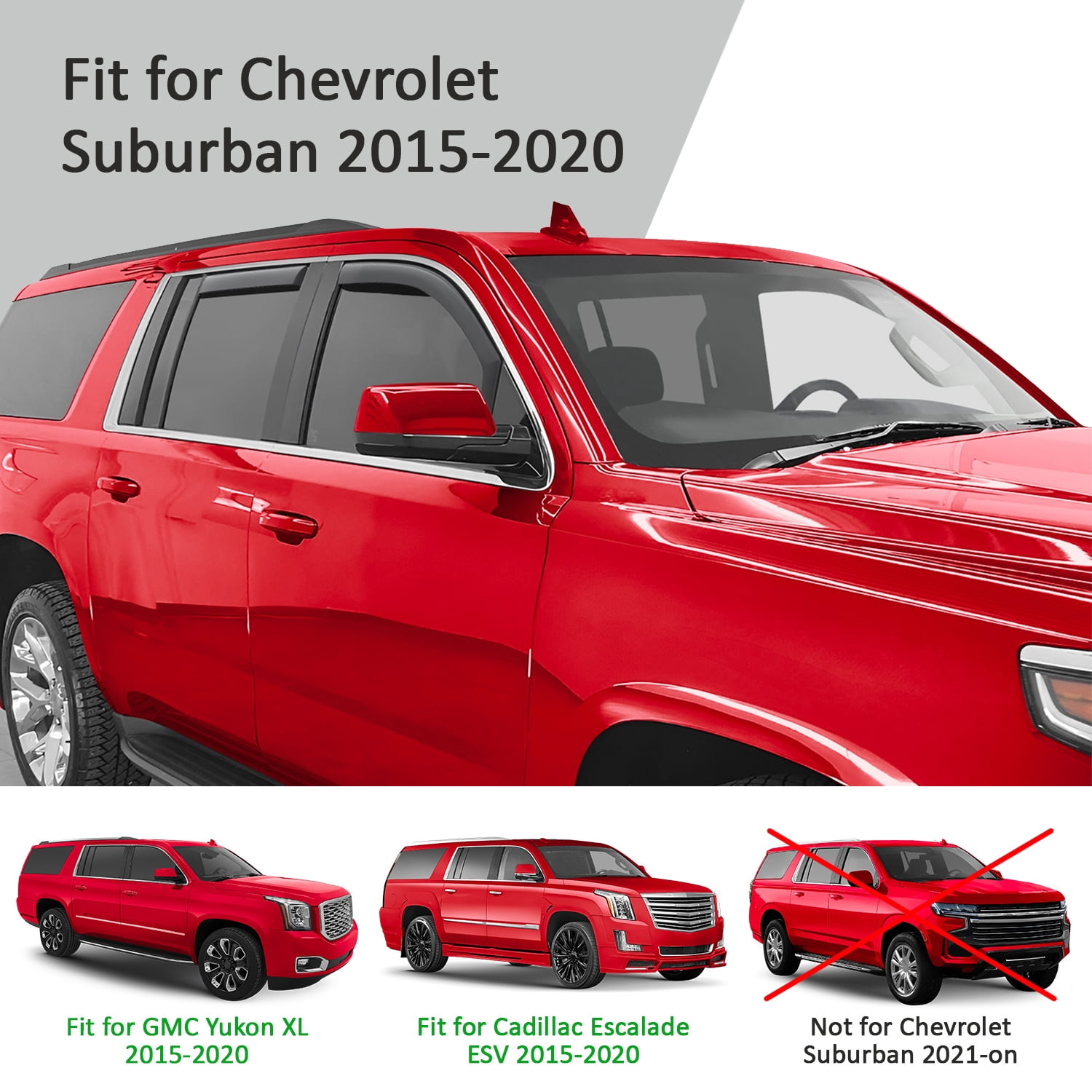 Voron Glass in-Channel Extra Durable Rain Guards for Chevrolet (Chevy) Suburban 2015-2020, Window Deflectors, Vent Window Visors, 4 Pieces - 200539
