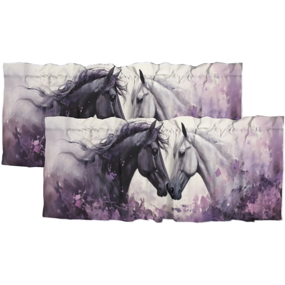 Horse Window Curtain Valances White and Black Horse Wild Animal Flowers Privacy Window Valances for Living Room Kitchen 54 by 18 in, 2 Panel