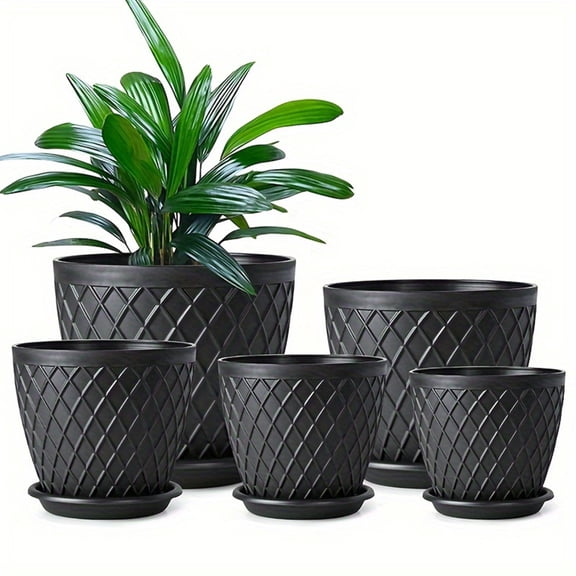 7.5/6.7/6/5/4 Inch Black Grid Plastic Planters, 5 Pack Indoor Flower Pots, Planters with Drainage Holes and Trays for Orchids, Violets, Succulents, Herbs, and Other Plants, Black