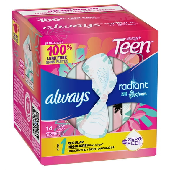 Always Pads Size 1 Teen Radiant 14 Count Regular (Pack of 2)