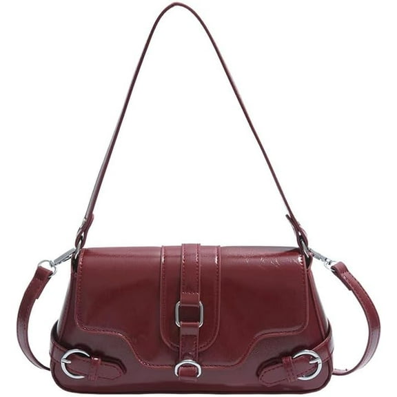 Y2K Shoulder Bag for Women,Leather Crossbody Bag with Belt Burgundy Hobo Bag Trendy Designer Handbags Top-handle Purse