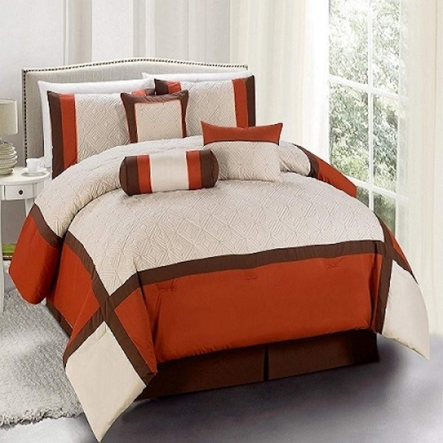 Beige Brown Orange Embroidered Floral 7 pc Comforter Set Full Queen Cal King Bed 