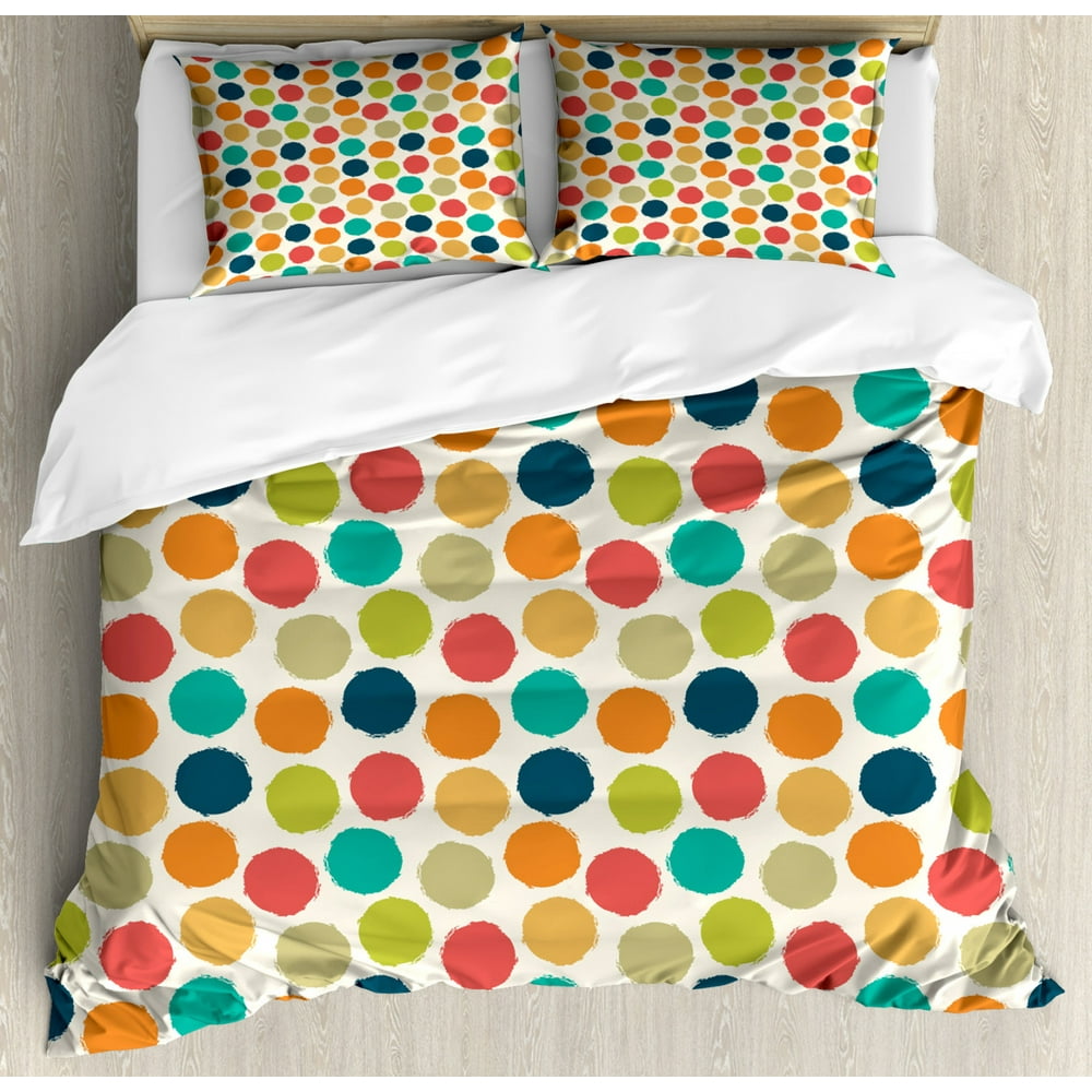 Retro Duvet Cover Set, Hipster Design Soft Colored Big Polka Dots