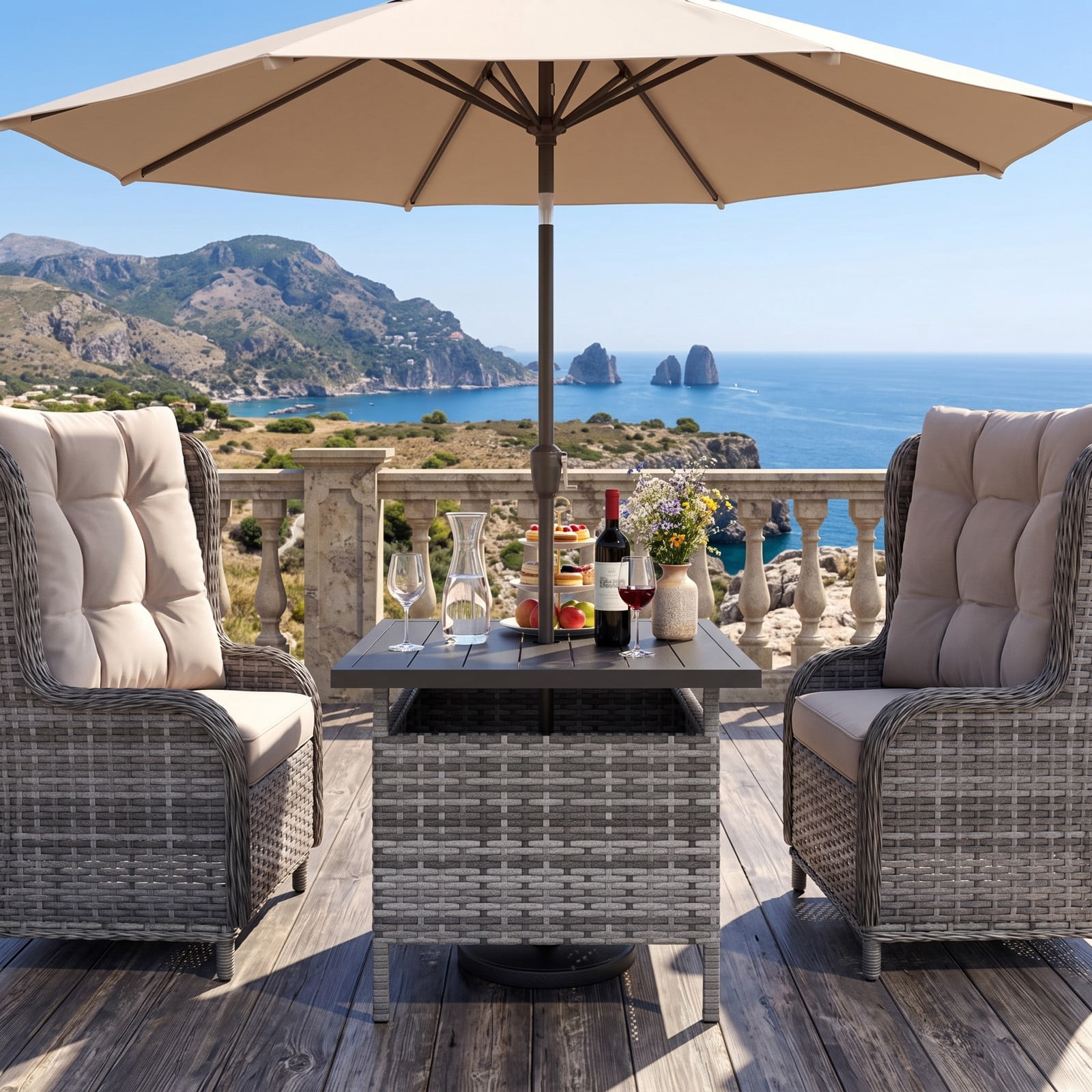 Furnibear Patio Square Wicker Side Table with Umbrella Hole, PE Rattan Outdoor End Table, Faux Wood Tabletop Metal Frame Coffee Table for Yard Garden Backyard, Gray