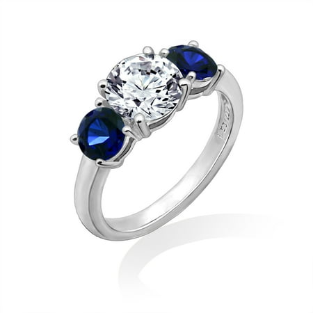 Gemour Platinum Plated Sterling Silver Swarovski Zirconia Round-Cut Center Stone and Created Sapphire Ring, Size 9