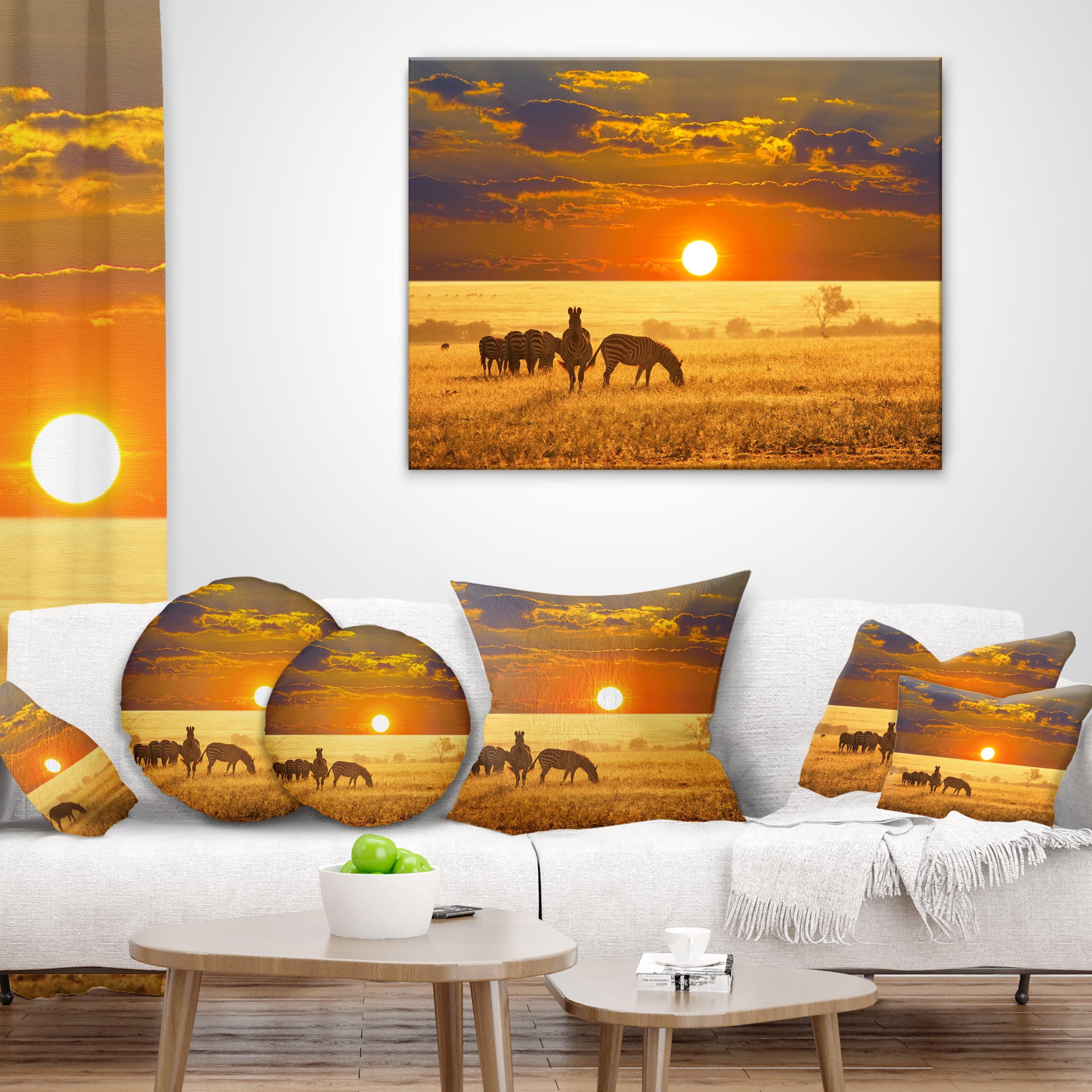 Designart Group of Zebras Grazing At Sunset - Animal Throw Pillow - 18x18