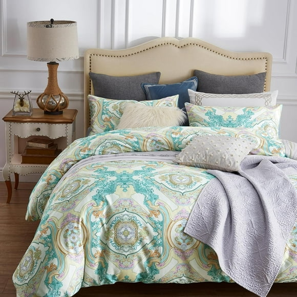 3 Pieces Duvet Cover Set Queen Bohemian Green Duvet Cover with Zipper Closure,