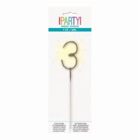 Number 3 Sparkler Flame Cake Candle: Gold Birthday Candle by Unique Industries, 7" Wax, Holiday Theme