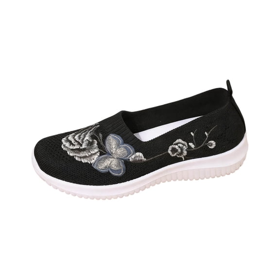 Domzle Womens Orthopedic Shoes Wide Width Butterfly Embroidered Slip On Knitting Flat Loafers Walking Shoes Soft Breathable Lightweight Mesh Sneakers with Arch Support Black 43