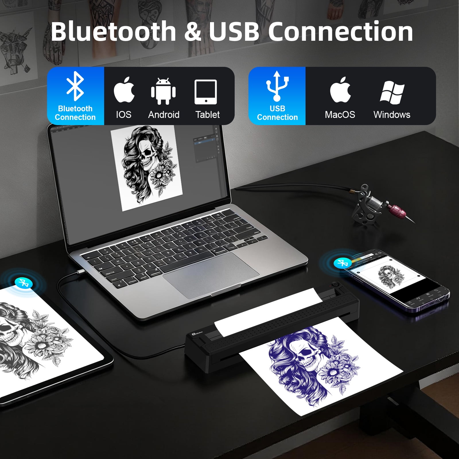 Milestone 2-in-1 Wireless Tattoo Stencil Printer Machine, Portable Thermal Tattoo Stencil & Document Printer Compatible with iOS Android PC