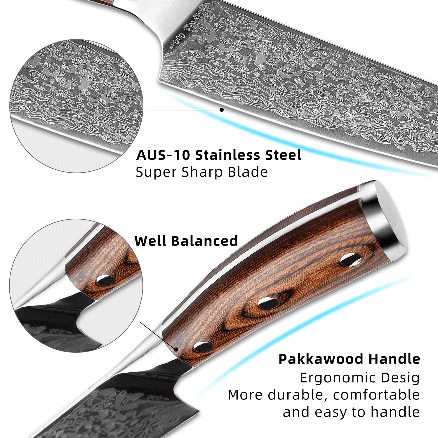 Chef Knife ,Professional Kitchen Knives 8 inch Japanese Stainless Steel Meat Cleaver Colored Solid Wood Handle