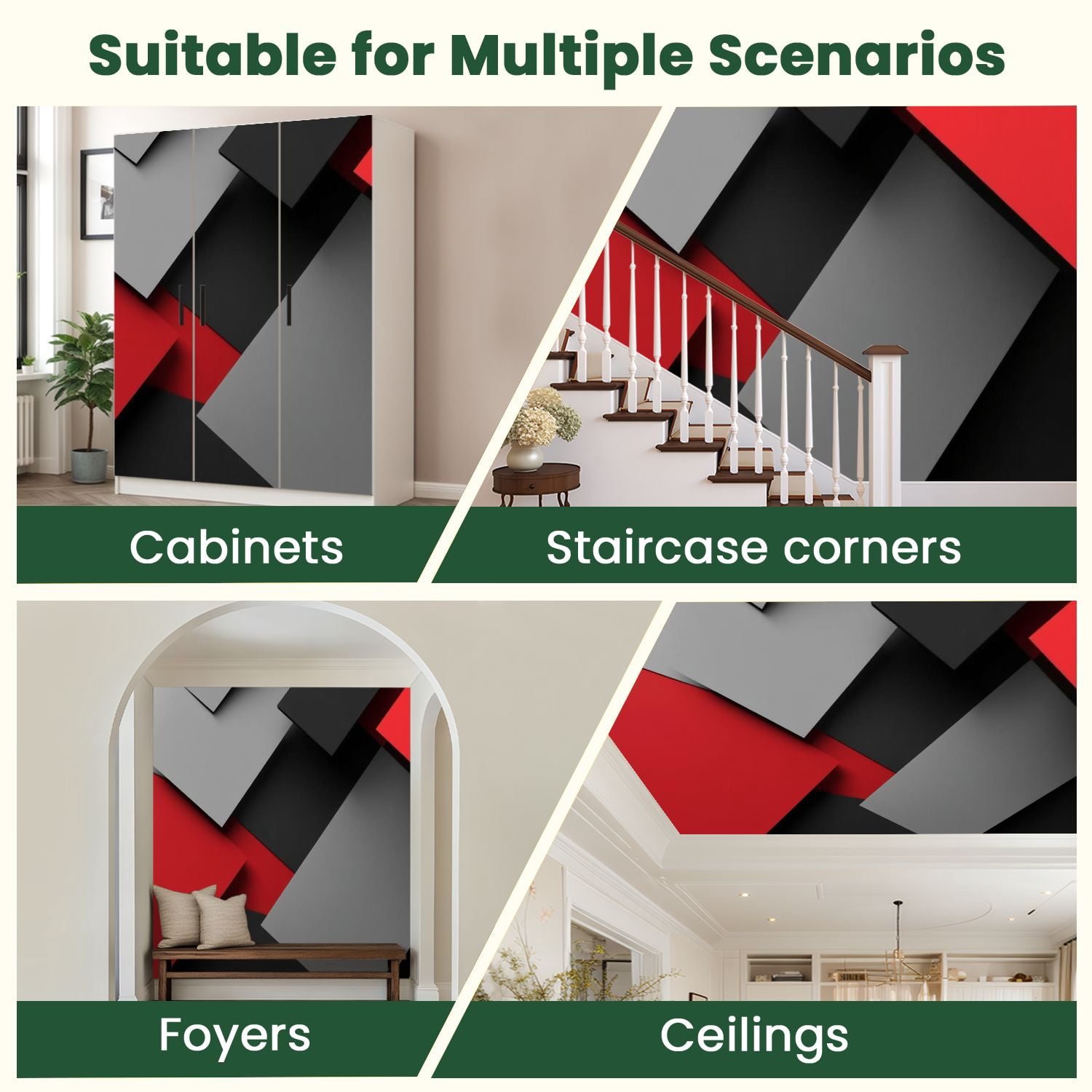 Peel and Stick Wallpaper Black Red 3D Geometry Red Cubes Gray Rectangles Layered Blocks Modern Art Wall Mural Decor Self Adhesive and Removable 100in x 144in