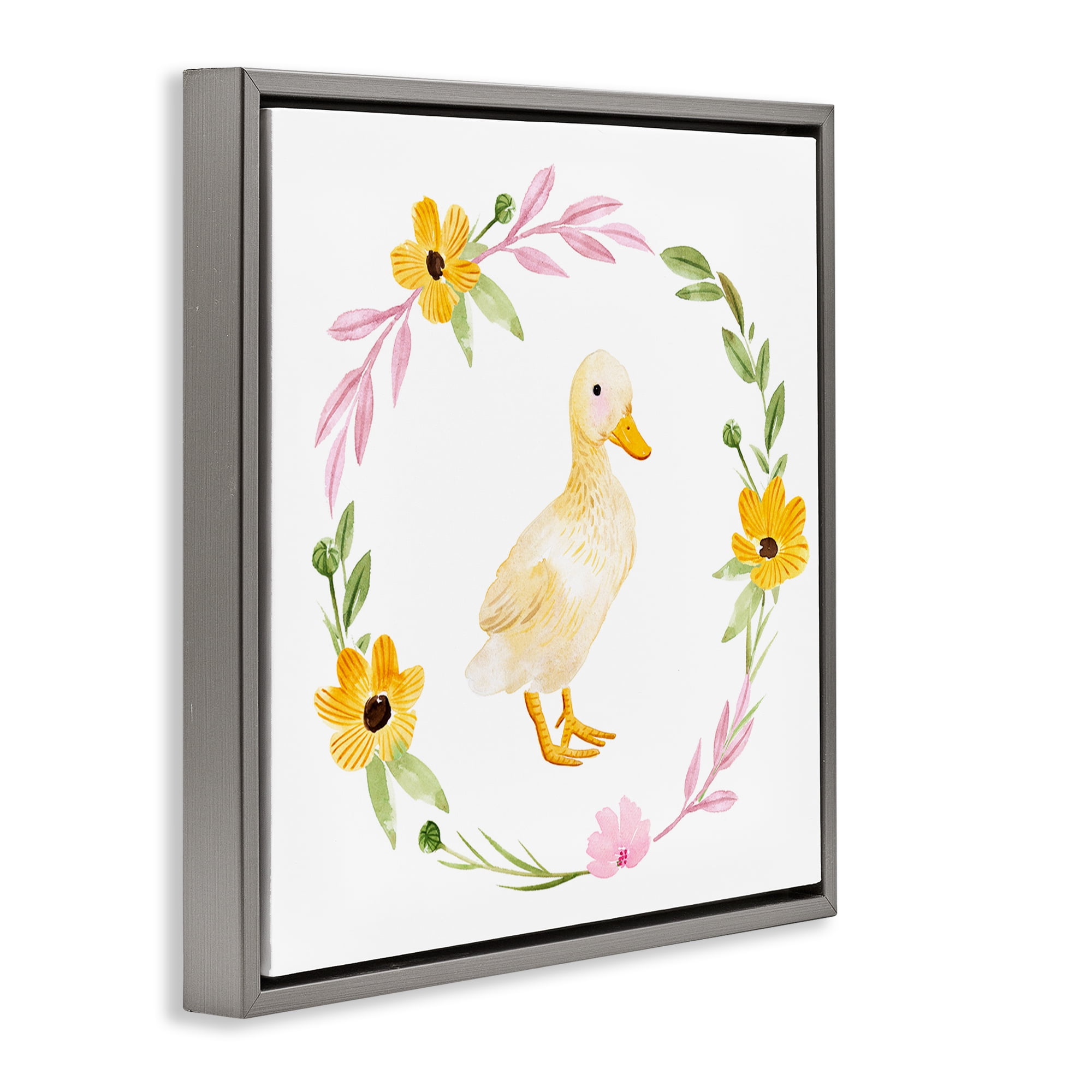 Stupell Industries Duckling with Daisy Wreath Animals & Insects Painting Gray Floater Framed Canvas Art Print Wall Art, 25 x 25