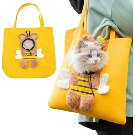 Cat Portable Bag Pet Canvas Shoulder Bag  Cute Bee-Shaped Cat Carrier  Handheld Bag Portable Small Dog Carrying Tote Chest Bag for Puppy and Kitten Walking Shopping Travel Camping