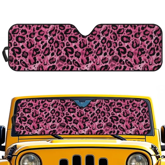 Uorisanigo Windshield Sun Shade Compatible with Wrangler JK JKU TJ 1997-2018 Foldable Pink Cheetah Leopard Print Front Window Sunshade Prevent Dashboard Fades and Cracks