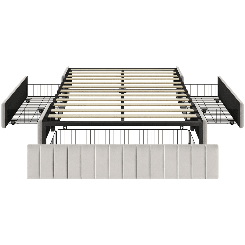 Fullfurnique Upholstered Platform Bed Frame with Three Storage Drawers, Queen, Beige