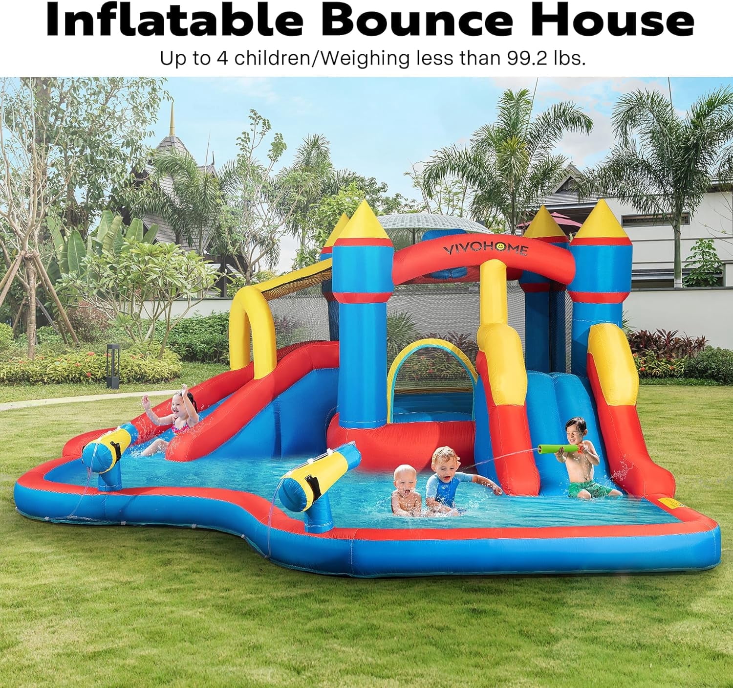 SPECSTAR Inflatable Bounce House Water Bouncer Jumping Castle with 450W Air Blower, Double Water Slide, Sprinkler, Splash Pool, Basketball Hoop, Water Gun, Climbing Wall for Kids Outdoor Backyard