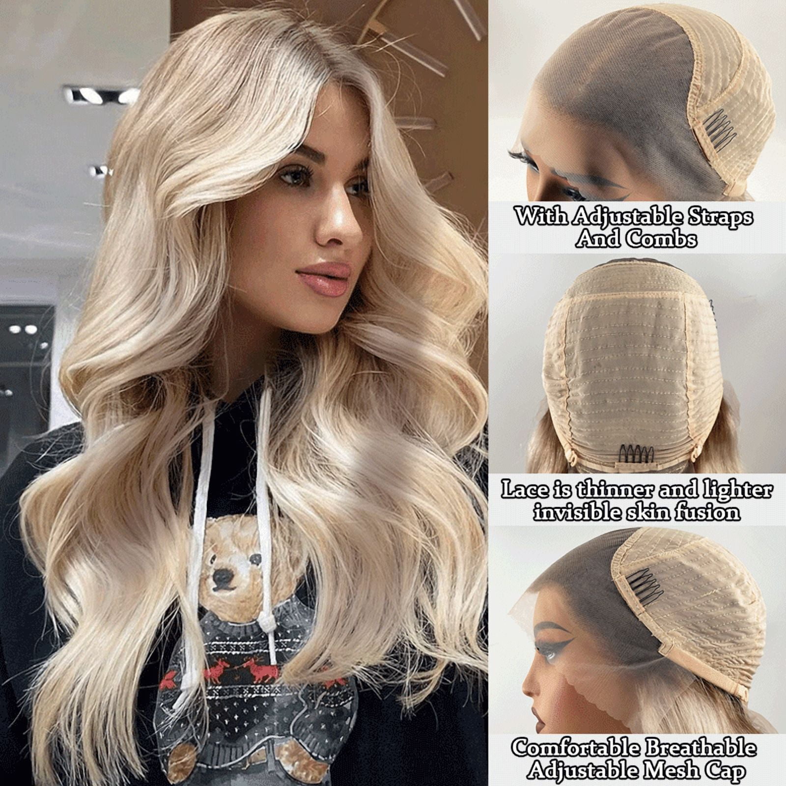180% Density Smoky Ash Blonde Highlight Colored Human Hair 13x4 Lace Front Wig With Premium Soft Roots Glueless Body Wave Brazilian Virgin Human Hair Preplucked Baby Hair Easy To Wear For Women