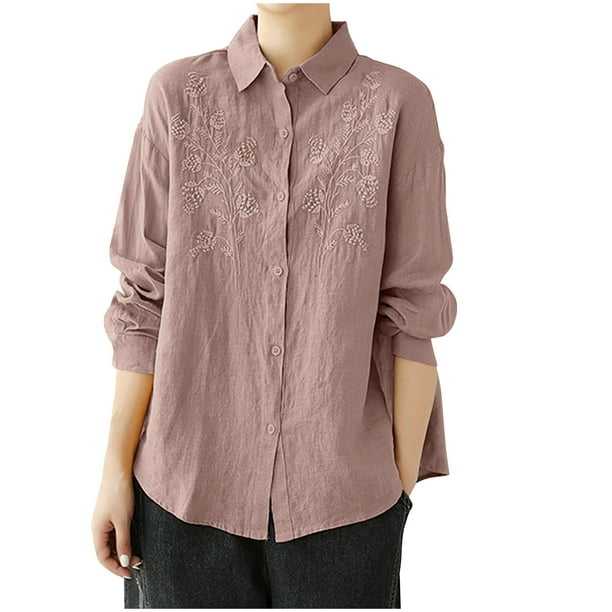 Vestidos Casuales Para Mujer, Blusas De Mujer De Moda Camisa de manga larga con botones de solapa y bordado de lino para mujer