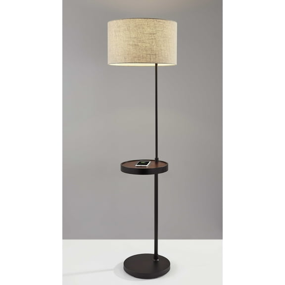 Matte Black Metal Floor Lamp With Wireless Charging Task Shelf