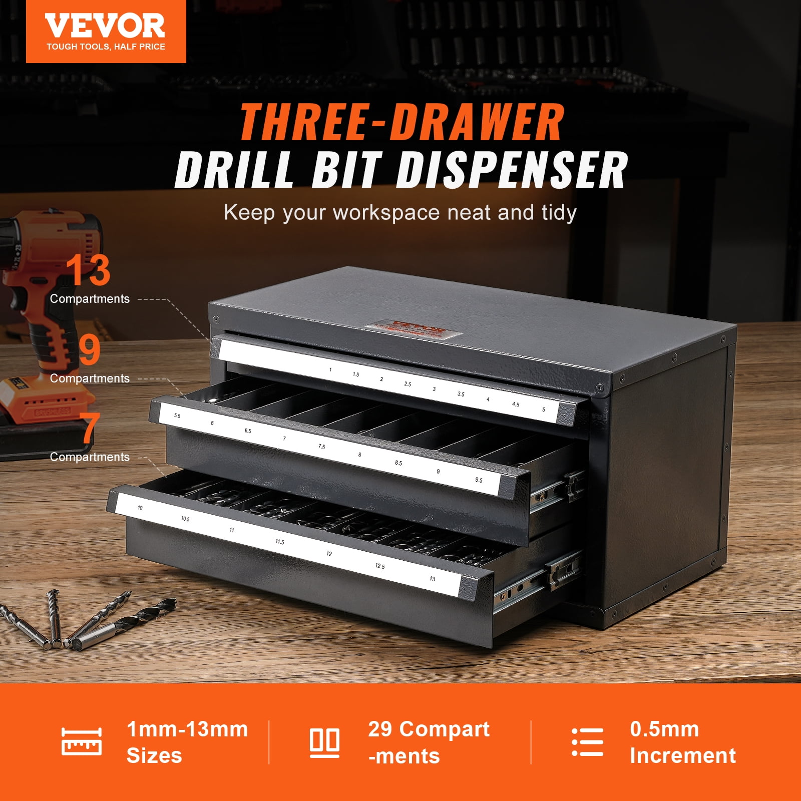 SKYSHALO Drill Bit Dispenser Cabinet, Three-Drawer Drill Bit Dispenser, Drill Bit Organizer Cabinet, Drill Dispenser Organizer Cabinet for 1mm to 13mm