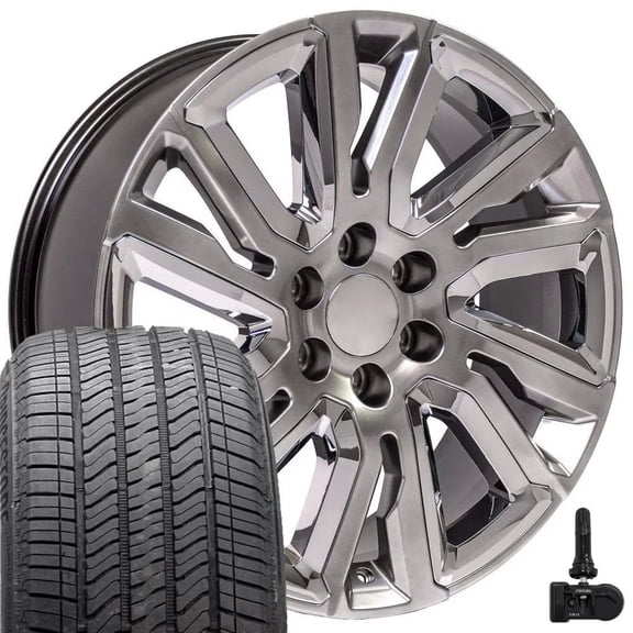 OE Wheels CV39 22 Inch Rims, Tires & TPMS Fit Sierra 1500 Style 6x139.7 22x9 Gloss Hyper Black with Chrome Insert - Hollander 5907 - Alenza A/S 02 275/50-22 (Set of 4)