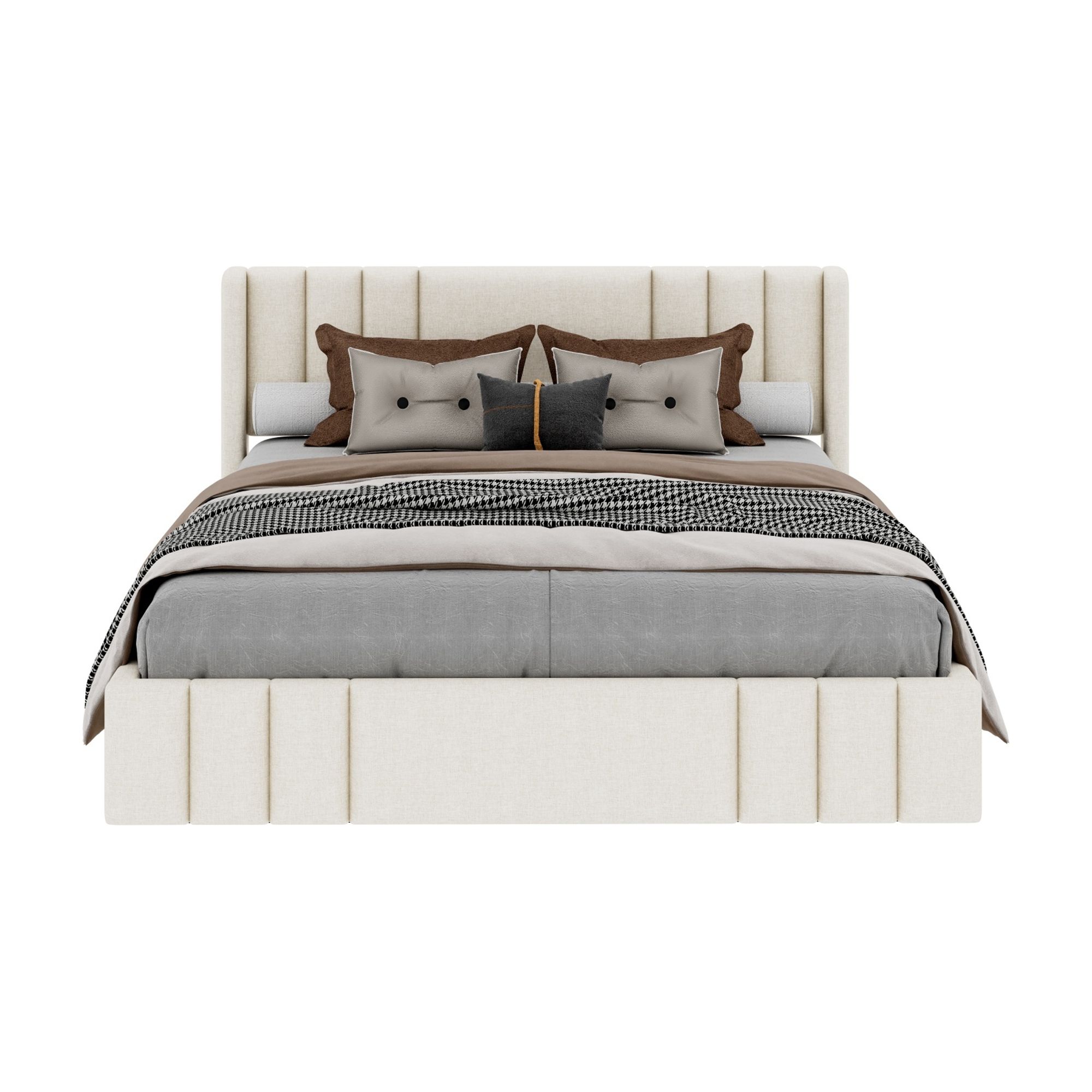 Euroco Queen Size Upholstery Platform Bed with Headboard, No Box Spring Needed, Beige
