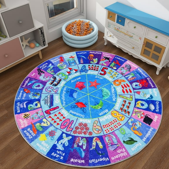AKASISRUG Kids Play Rug Fluffy ABC Educational Rug Round 47" Ocean Kids Rug Non-Slip Play Mat Alphabet Ocean Animals Classroom Rug Carpet Soft Baby Crawling Mat for Playroom Tummy Time