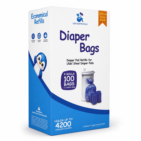 Gen Diaper Pails Diaper Bags, 100 Count, Fresh Powder Scent, Compatible with Ubbi Diaper Pail, Made with Recycled Material, 13 Gallon Capacity, Strong and Durable