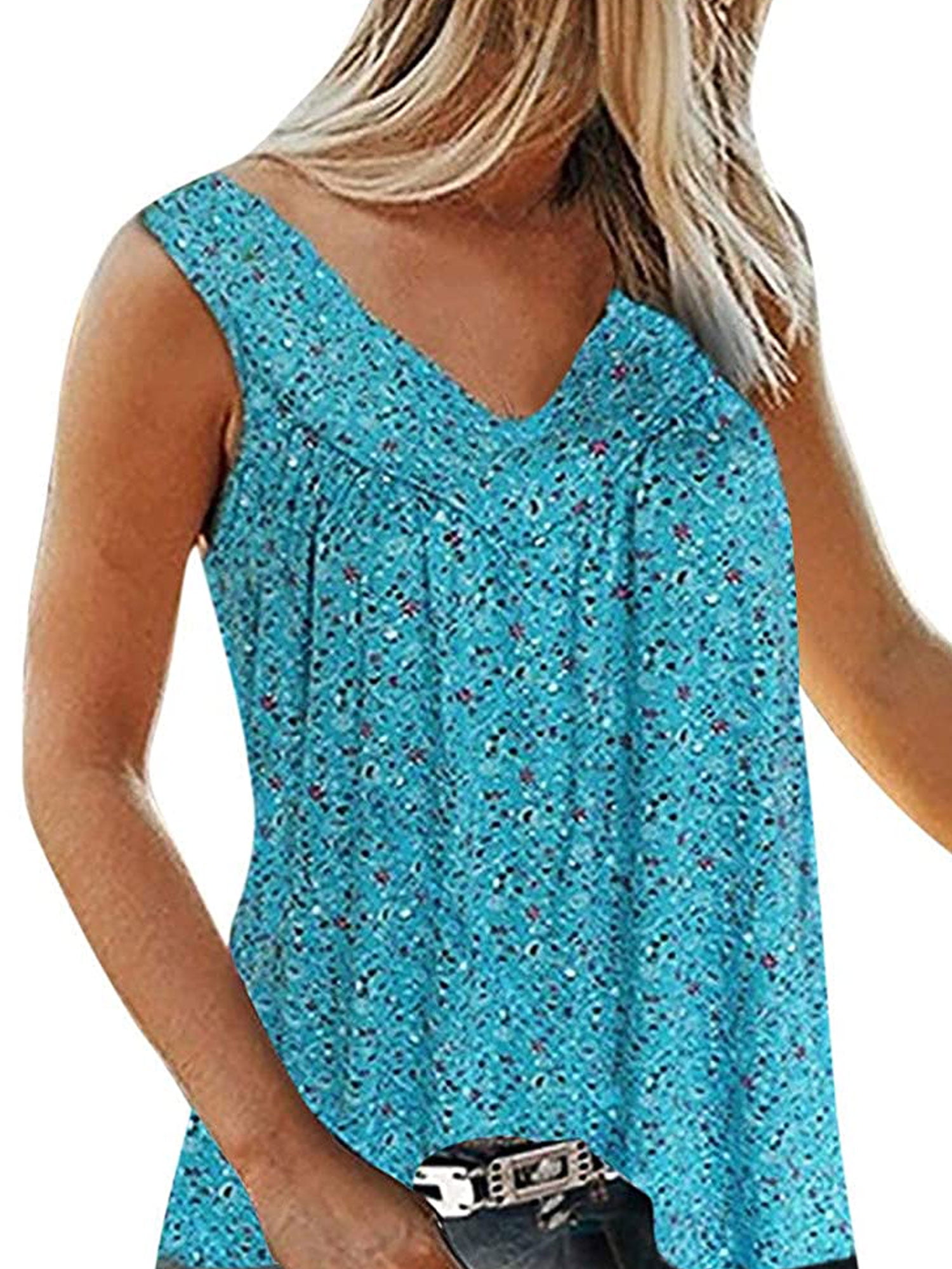 Suanret Women Summer Floral Tank Tops Vest Blouse Boho V Neck Tops Plus