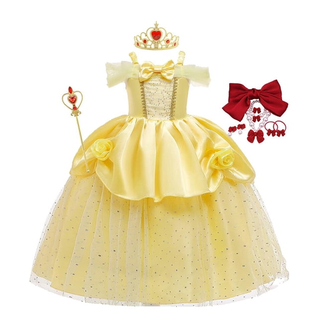 Vestido de princesa bella para niñas, disfraz de la Bella y La Bestia, ropa de fiesta, corona de palo mágico, 2022 Fivean unisex