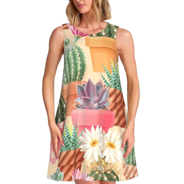 Fotbe Succulent And Cactus Vestido de Verano sin Mangas para Mujer – Vestido Midi Línea A, Estilo Camiseta Floral, Vestido Playero Casual y Fluido