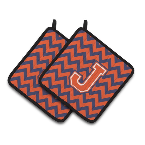 Letter J Chevron Orange and Blue Pair of Pot Holders