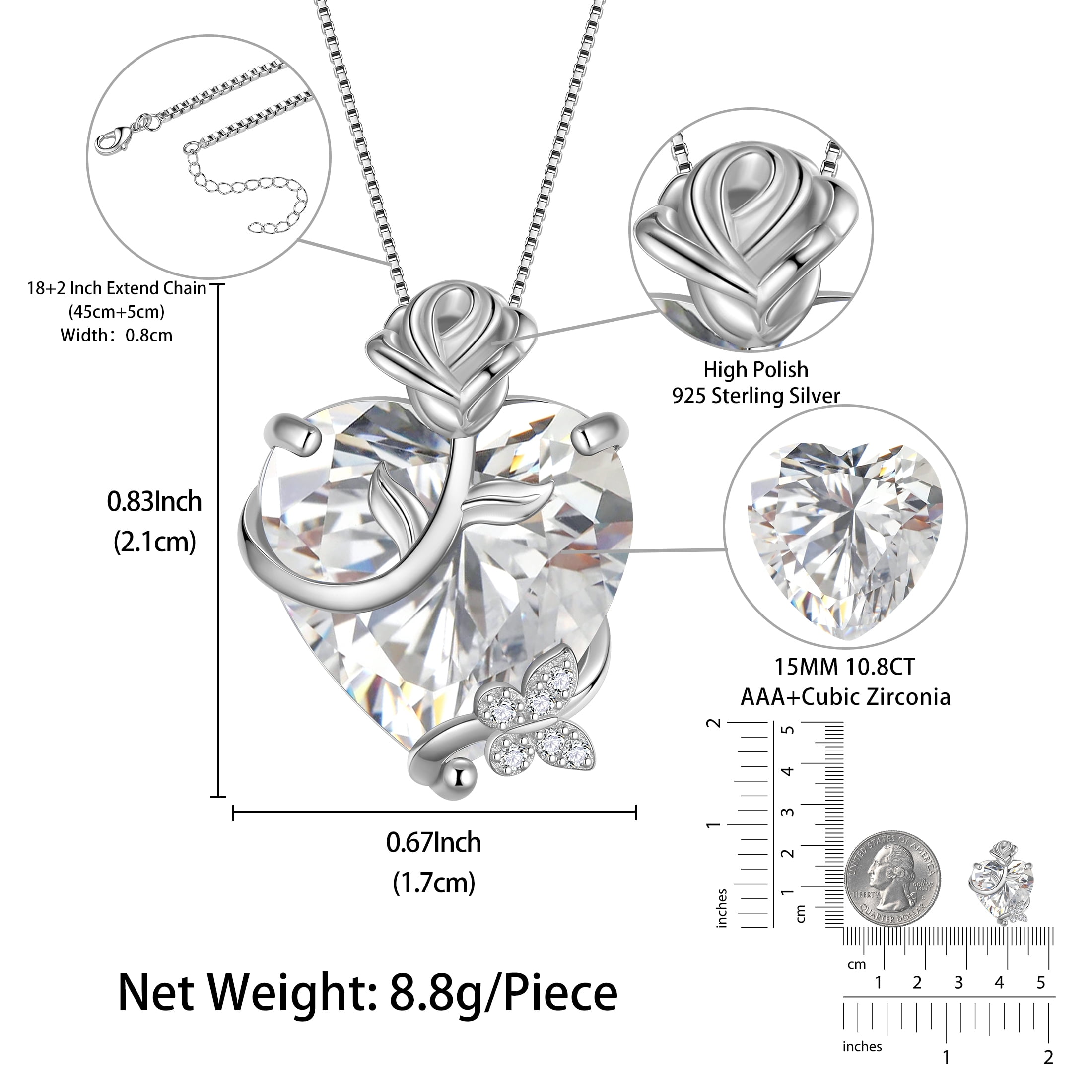 Juwaliy 15MM Women Rose Heart Necklace April Birthstone 925 Sterling Silver Flower Butterfly Pendant Diamond CZ Bridal Jewelry Mother Valentine's Day Gift
