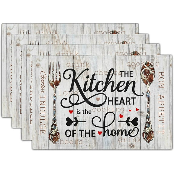 The Kitchen is The Heart of The Home Placemats Set of 4, 12x18 Inch Farmhouse Vintage Style Cooking Sets Linen Table Place Mats Non-Slip Heat Resistance for Kitchen Dining Party Decor