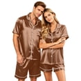 thumbnail image 2 of （Mens） Couple Matching Sets Silk Short Sleeve Button Down Sleepwear Satin Shorts Set Soft Loungewear Camel XL, 2 of 8