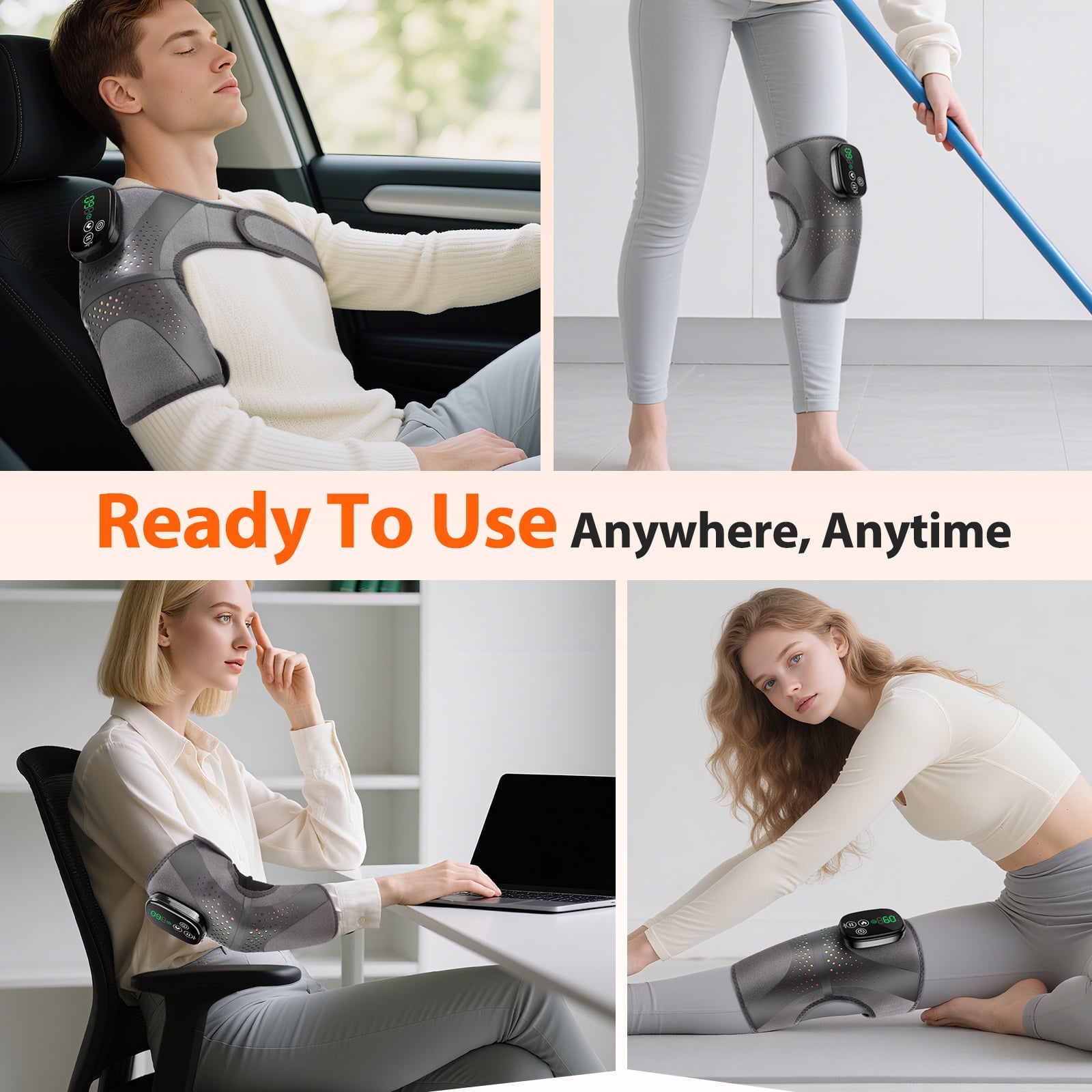 FlareMore Cordless Knee Massager with 3 Heat & 3 Vibration,Rechargeable Heated Knee Brace Wrap with 5000mah Battery,Adjustable Strap,Auto Shut Off,Portable 4-Motor Massager for Knee,Shoulder & Elbow