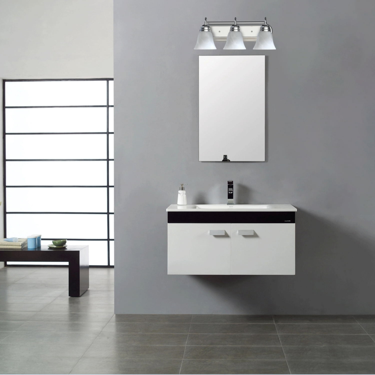 Mainstays 19.69in Classic LED Bathroom Vanity Light for Mirrors, 3 Alabaster Shades E26 Base, Satin