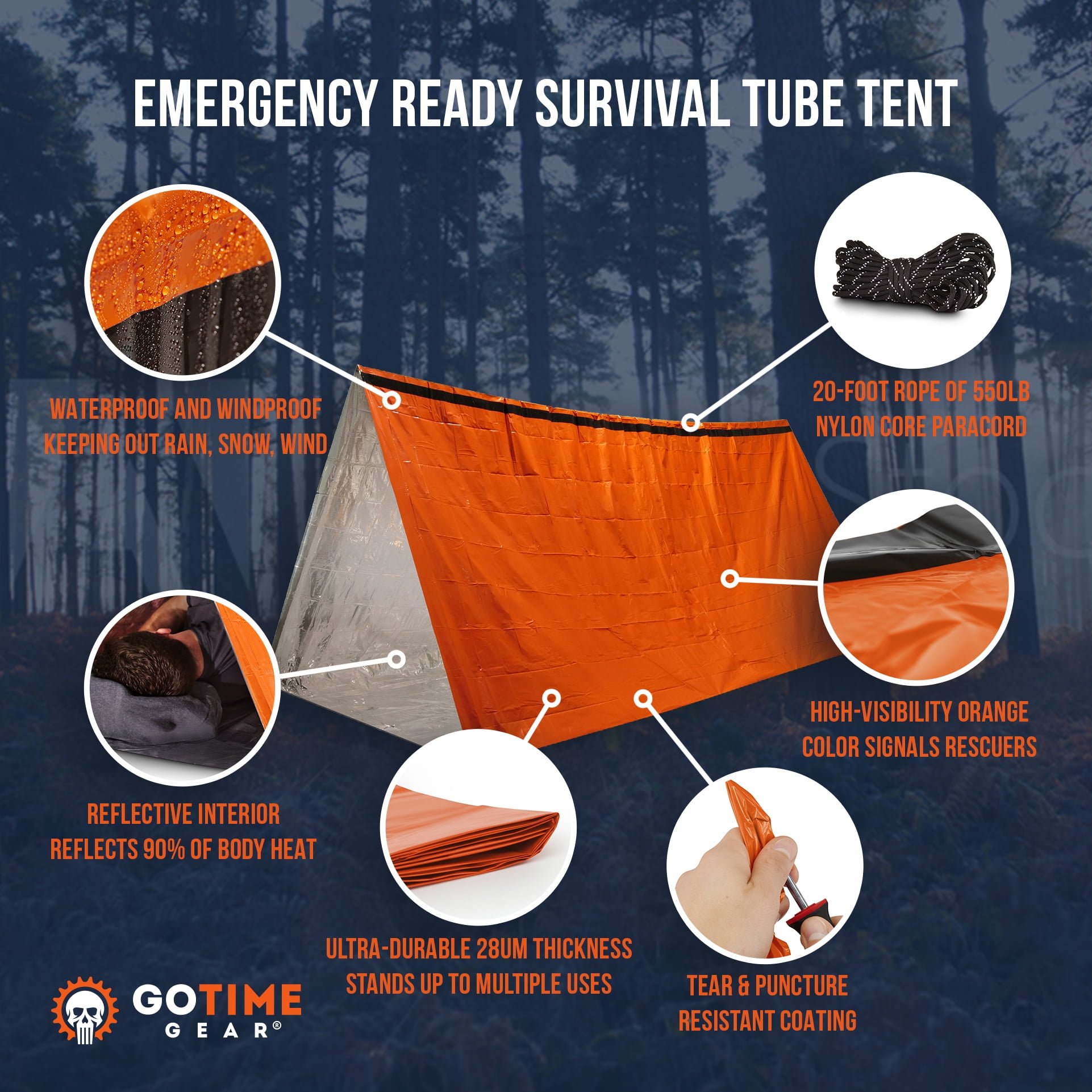 Go Time Gear Life Tent 2-Person Emergency Survival Shelter, Waterproof Thermal Tube Tent, Orange