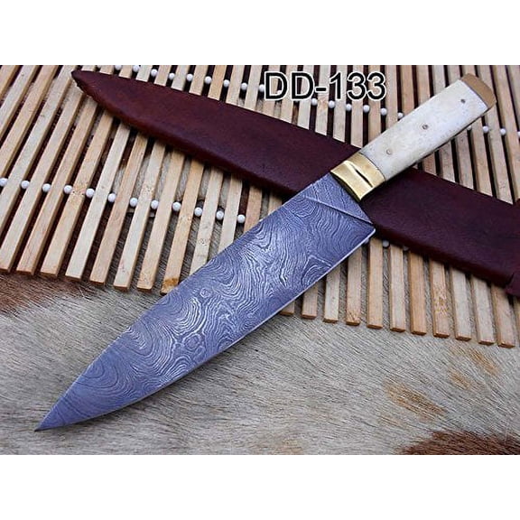 Damascus Steel kitchen Knife 11.4 Inches full tang 7" long Hand Forged blade, Camel bone and brass boldter scale, cow hide leather sheath