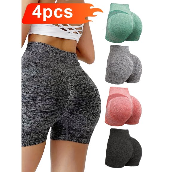 4pcs Women'S Butt Lifting Shapewear Shorts - Yoga Pants with Tummy Control, Medium Support, Solid Color Gym Workout Shorts for Fitness & Outdoor Activities, Workout Shorts, Tummycontrol Design