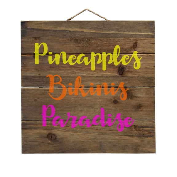 Pineapples Bikinis Paradise - Decorative REAL WOOD Wall Art - Faux Pallet Look