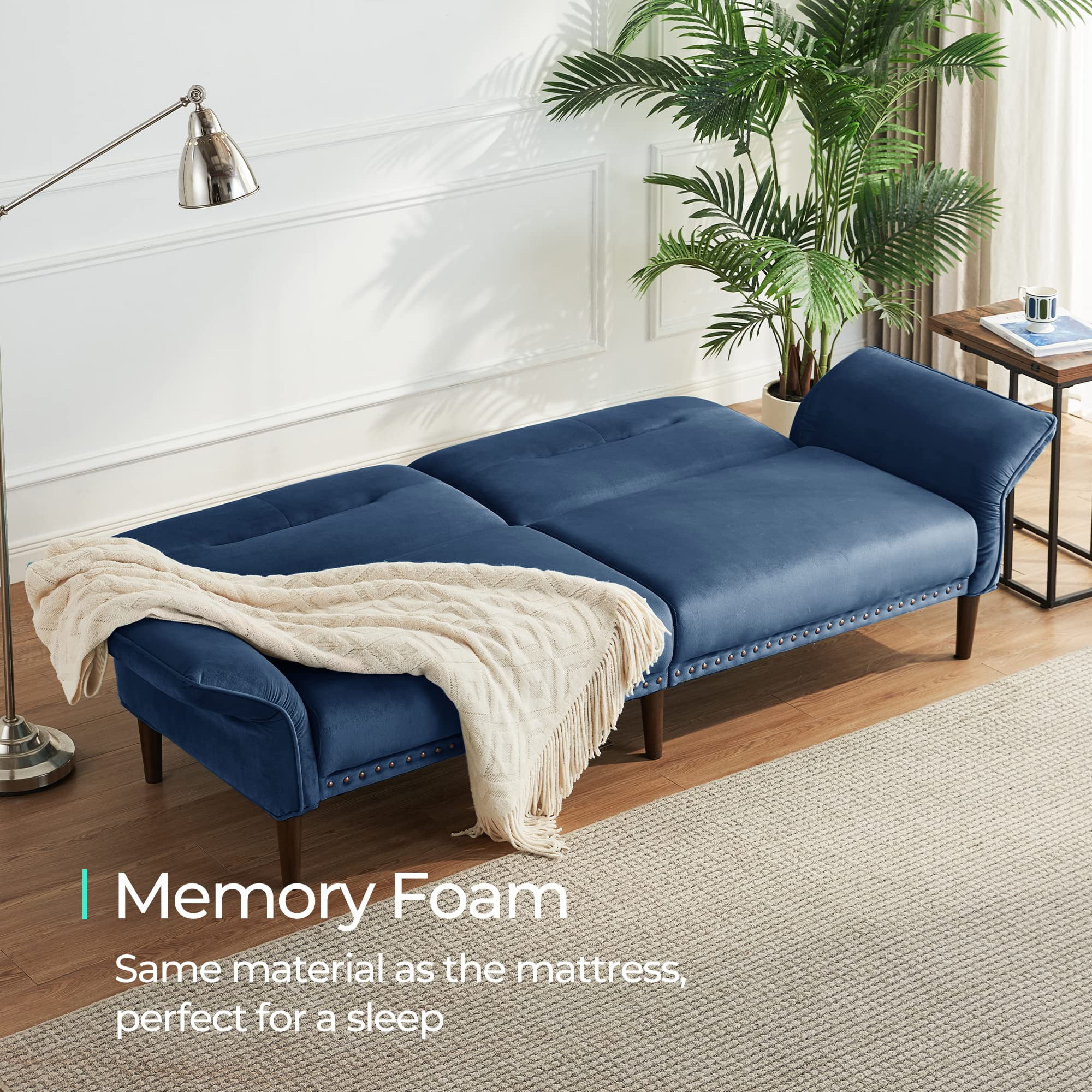 LINSY HOME Velvet Futon Sofa Bed, Memory Foam Couch Convertible Futon