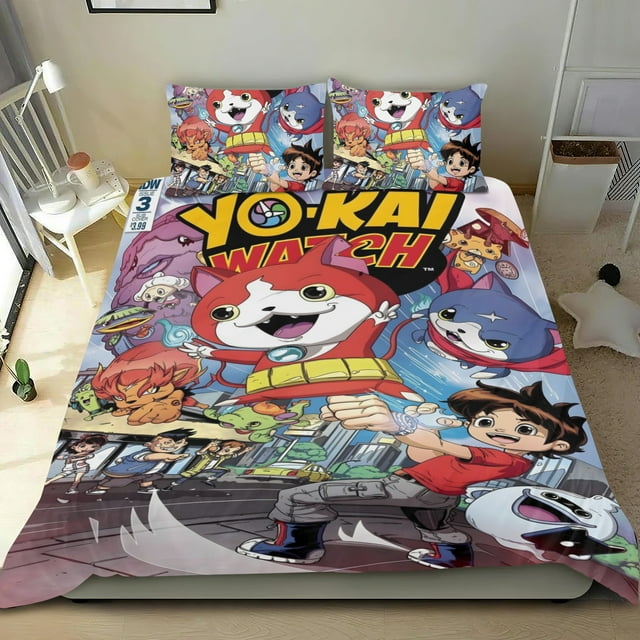 Yokai Watch Conjunto de sábanas temático, trío de piezas, cómodo y amigable con la piel, diseño único, regalo de decoración para el hogar para familiares, amigos y fans, 90 cm * 190 cm
