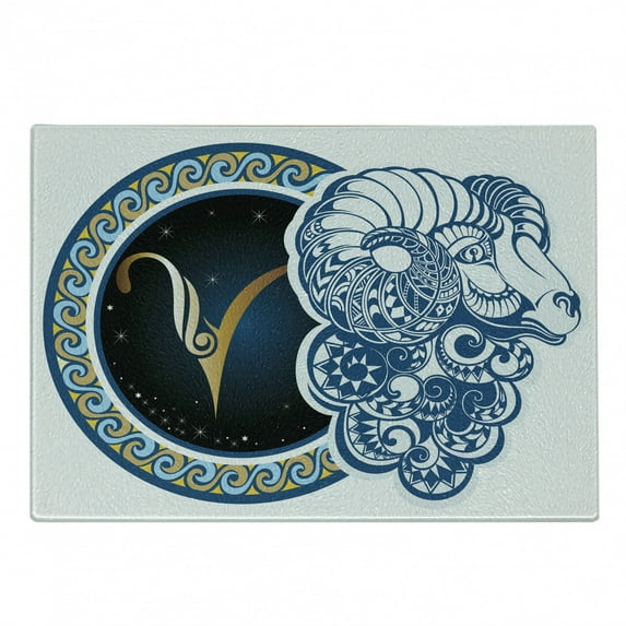 Zodiac Cutting Board, Astrological Aries with Horned Head Ram Goat Animal Terrestrial Event Image, Decorative Tempered Glass Cutting and Serving Board, Small Size, Multicolor, by Ambesonne