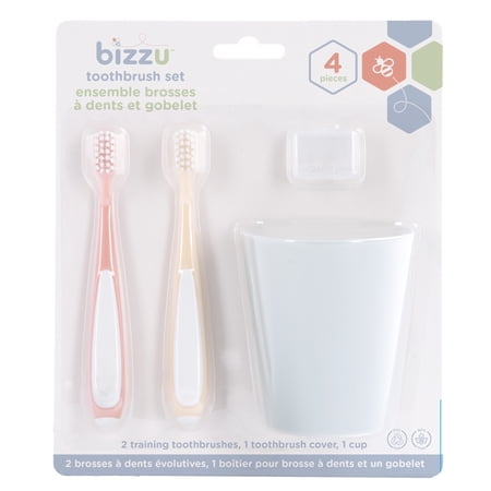 Bizzu Baby Training Toothbrush Set with Rinse Cup, Soft Bristles for Toddlers and Kids, 4 Count
