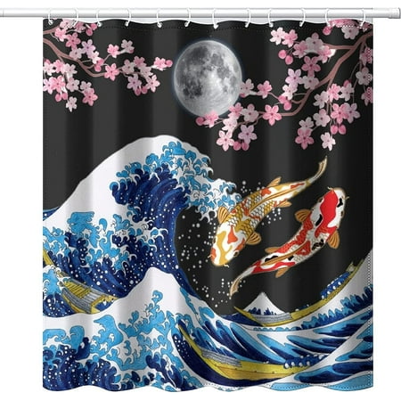 

Vintage Japan Fabric Shower Curtains Watercolor Ink Ancient Mount Fuji Crane Red Sun Hotel Quality Machine Washable 72x72inch(183x183cm) for Bathroom.