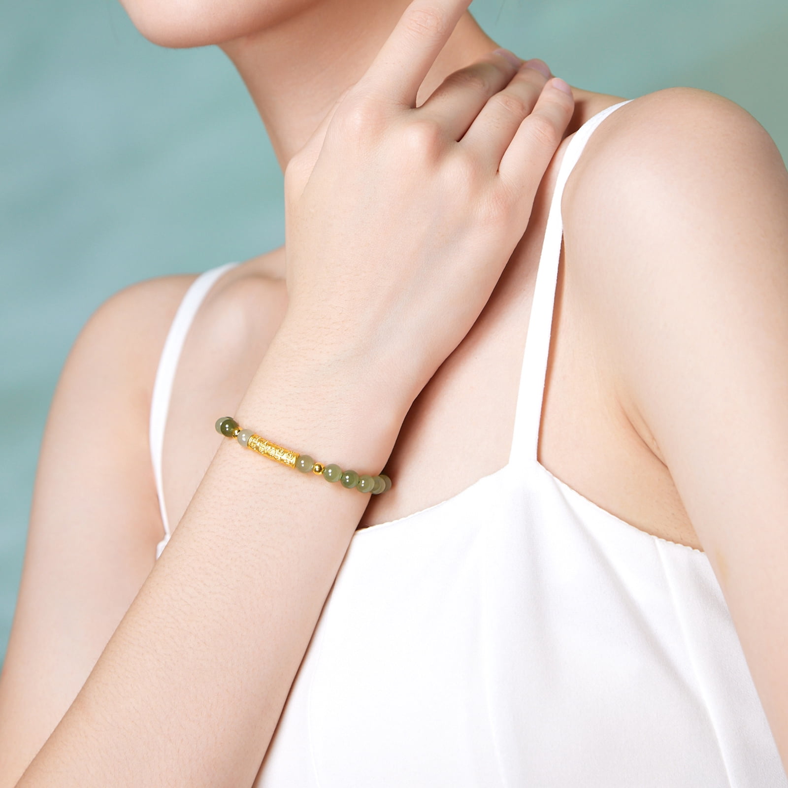 ZHOU LIU FU 24K Gold Green Jade Bead Bracelet Fortune for Women Men 19cm/7.5'' Y1910809