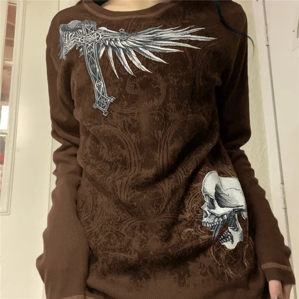 2000s Aesthetic T Shirt Graphic Cross Wings Print Long Sleeve Tops